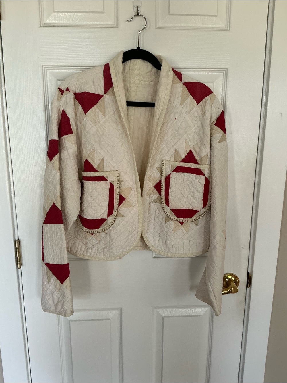 Kids Quilted Cape Jacket in White with Red Patchwork Accents